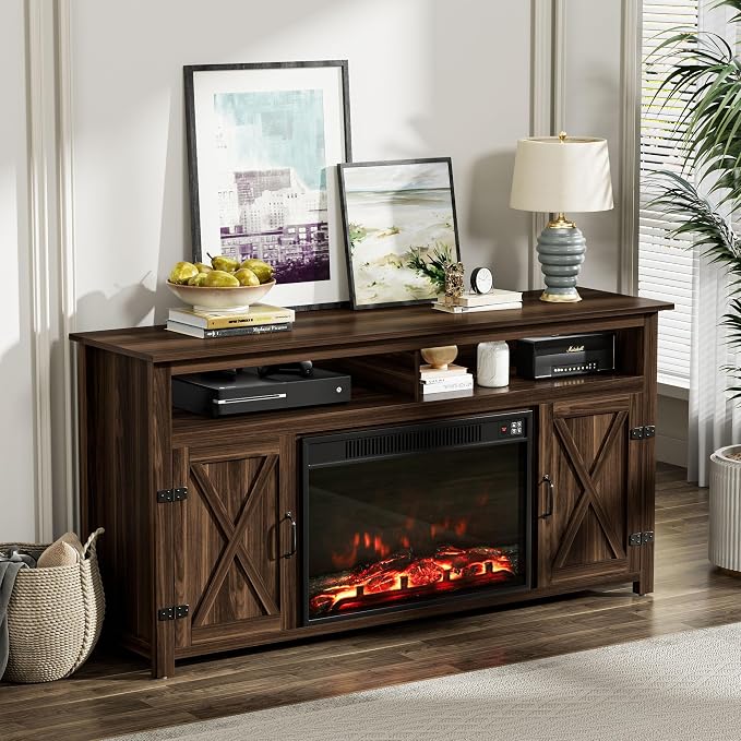YESHOMY Fireplace TV Stand for Television up to 65+ Inch with Storage and Farmhouse Barn Doors, Entertainment Center with Cabinet and Shelves, Media Console for Living Room, Walnut - Image 2