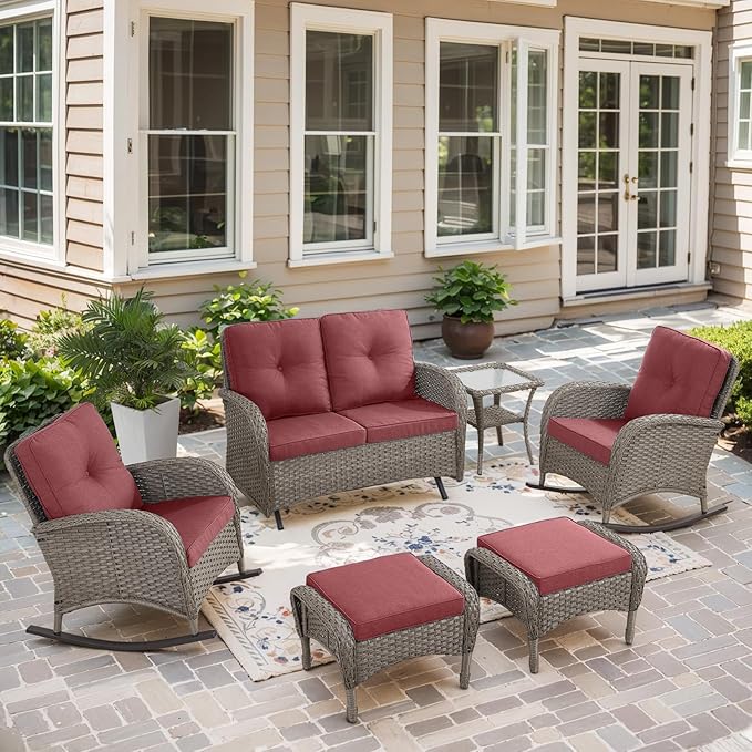 Belord 6 Pieces Wicker Patio Furniture Set with Patio Rocking Chairs, High Back Patio Conversation Set Outdoor Loveseat Glider with Ottoman and Rattan Side Table for Deck Sunroom Backyard