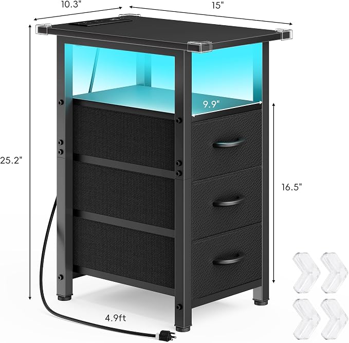Vagusicc Set of 2 Black Nightstand with Charging Station and LED Lights, Narrow End Table, LED Night Stand with 3 Fabric Drawers for Bedroom, Small Bedside Table, Narrow Side Table for Small Spaces - Image 3