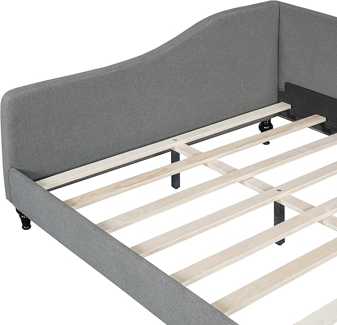 Merax Full Size Bed Frame Daybed, L-Shaped Linen Day Bed Corner Sofa with Solid Wood Legs for Living Room, Guest Room, No Box Spring Needed, Grey