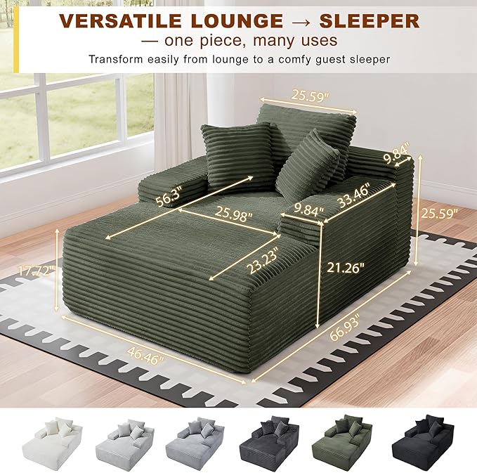 67 Inch Chaise Lounge Chair Indoor, Oversized Corduroy Upholstered Boneless Sofa Bed with Amrests and 2 Pillows Cloud Sleeper Couch Reading Chair for Living Room