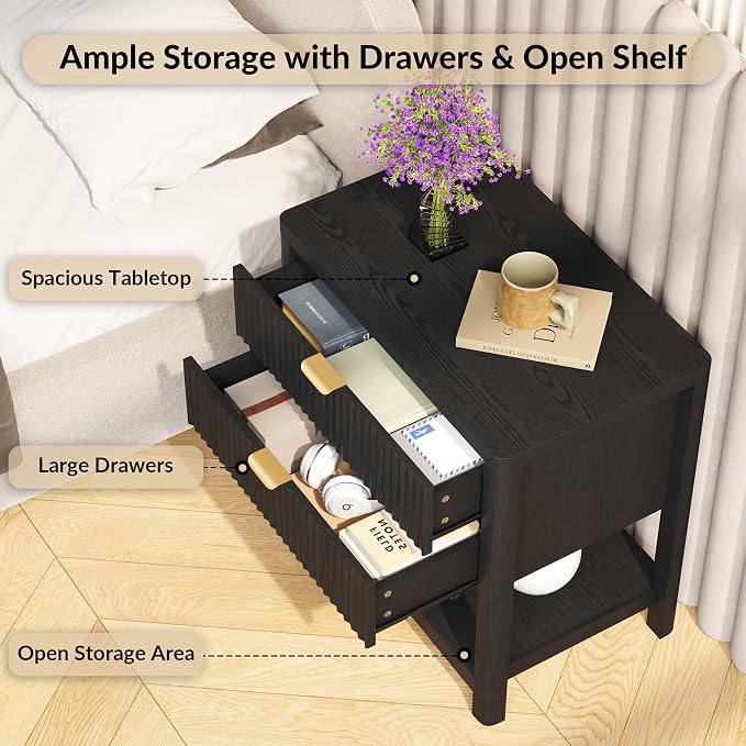 ROCSUMOO Fluted Nightstand with 2 Drawers, Black Night Stand with Open Store, Wooden Bed Side Table, Slide Smooth Easily Open Load Capacity: 66 lb (Black) - Image 3