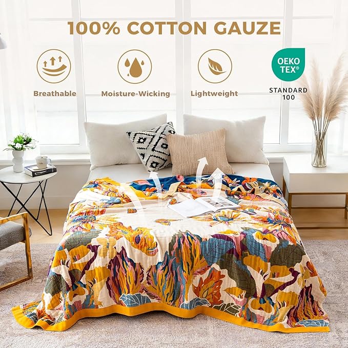 Queen Throw Blanket for Bed 100% Cotton Boho Breathable Soft Quilt Butterfly and Floral Double Embroidery Lightweight Spring Blanket Bedspread,90"x90" All Season Blankets for Bedding Couch Room Decor