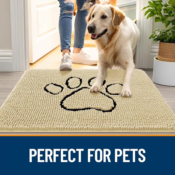 OLANLY Dog Door Mat for Muddy Paws 36x24, Paw Print Design, Absorbs Moisture and Dirt, Absorbent Non-Slip Washable Doormat, Quick Dry Chenille Mud Mat for Dogs, Entry Indoor Entryway Carpet, Sand - Image 6