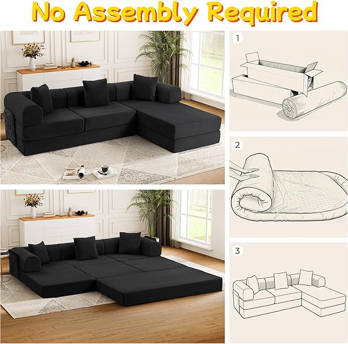 106.3" L Shape Convertible Sleeper Sofa Bed, Oversized Modular Sectional Cloud Sofa with Fixed-Shape Frame & Storage Pocket, Boneless Couch for Living Room, No Assembly Required, Black