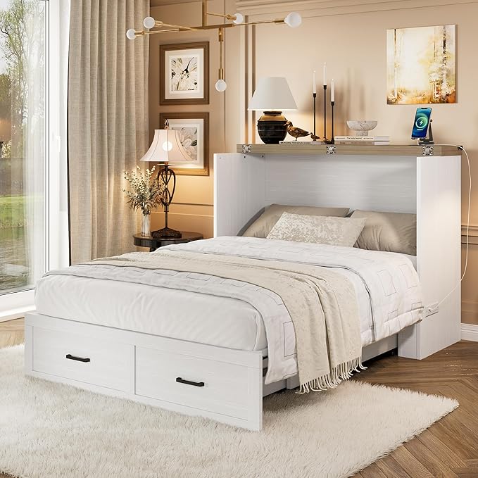 Bellemave Full Size Murphy Bed, Cabinet Bed with Charging Station and 1 Large Storage Drawer, Farmhouse Murphy Cabinet with Foldable Panel, Noisy Free, for Guest Bedroom, Living Room, White