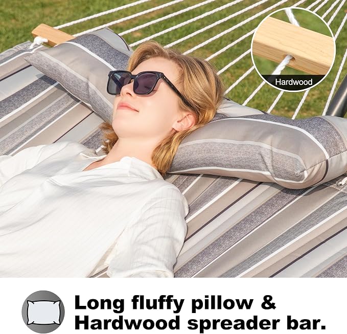 GAFETE Hammock 2 Person Quilted Fabric Hammocks for Outside, Double 12ft Hammocks with Spreader Bar, Large Removable Pillow, Storage Bag, Carabiners, Max 475 lbs Capacity (Peace Dove Grey) - Image 4