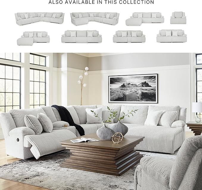 Signature Design by Ashley Top Tier Modern Left-Arm Facing 6-Piece Reclining Sectional with Chaise, Armrest, Throw Pillows and Storage, Light Gray