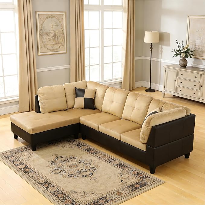103.5 Inch Modern L-Shaped Couch, Flannel Sectional Sofa with Chaise Lounge, 4-Seater Couch with Accent Pillows for Living Room, Apartment, Beige and Brown