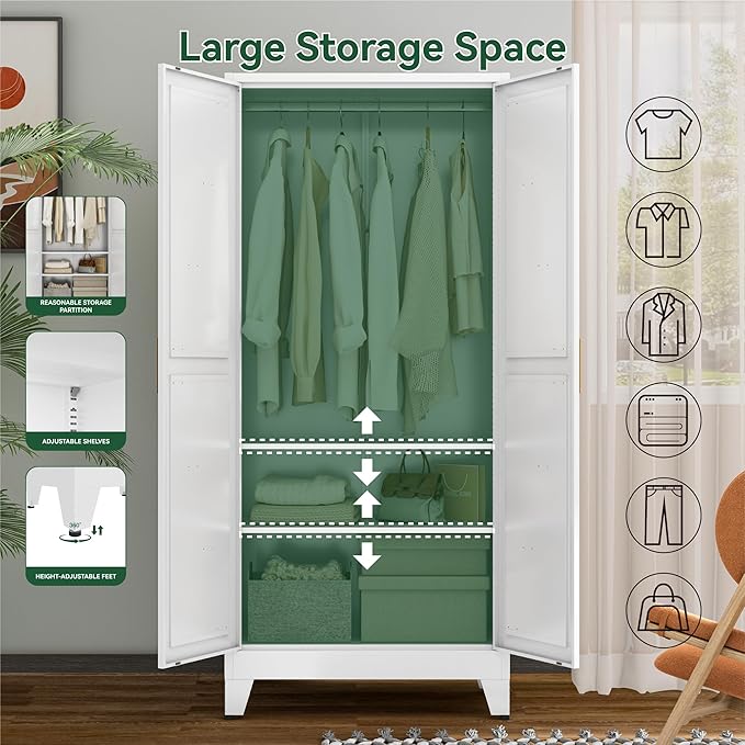 Metal Wardrobe Closet with Doors and Shelves, 71" Farmhouse Bedroom Armoire with Hanger Rod and Clothing Shelf, White Steel Wardrobe Cabinet Storage Clothes Closet