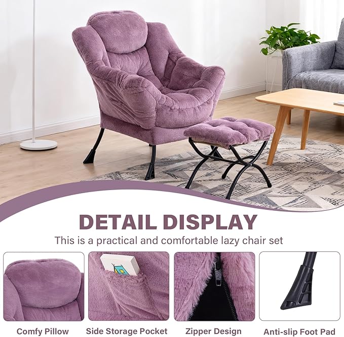 Lazy Chair with Ottoman, Modern Accent Chair Contemporary Lounge Leisure Sofa Chair with Armrests, Reading Chair and Folding Footstool Set for Living Room, Bedroom, Office