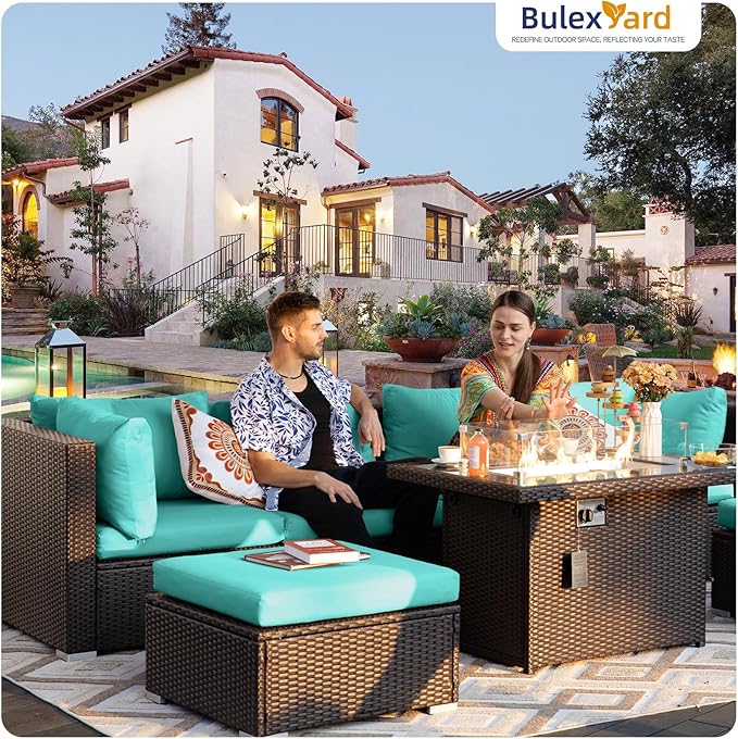 BULEXYARD 13 Piece High Back Wicker Patio Furniture Sets with Fire Pit, Modern Elegant Outdoor Seating Set Modular, Comfy Extra Deep Wide 12-Person Sectional Couch Sofa for Backyard, Brown & Turquoise