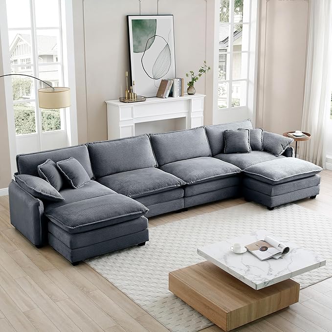 KEIKI 150" U-Shaped Oversized Corduroy Modular Sectional Sofa with 2 Ottoman, High-Density Foam Cushions, Removable Armrests, Upholstered 4-Seater Corner Couch with 6 Pillow, for Living Room, Grey