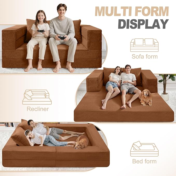 Futon Sofa Bed with Pillow, 3-in-1 Sleeper Sofa Bed with Removable Cover, Convertible Floor Sofa Bed, No Assembly Boneless Couch for Living Room, Bedroom