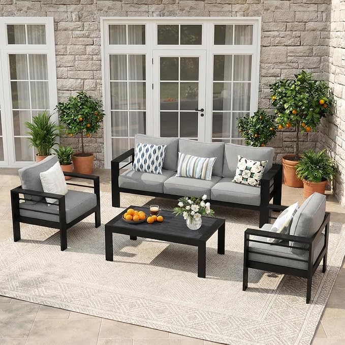 Solaste Aluminum Outdoor Patio Furniture Set, 5 Seats Patio Sectional Sofa with 5" Thick Cushion, Outdoor Patio Set with Coffee Table for Porch, Yard, Backyard, Deck, Light Grey - Image 9