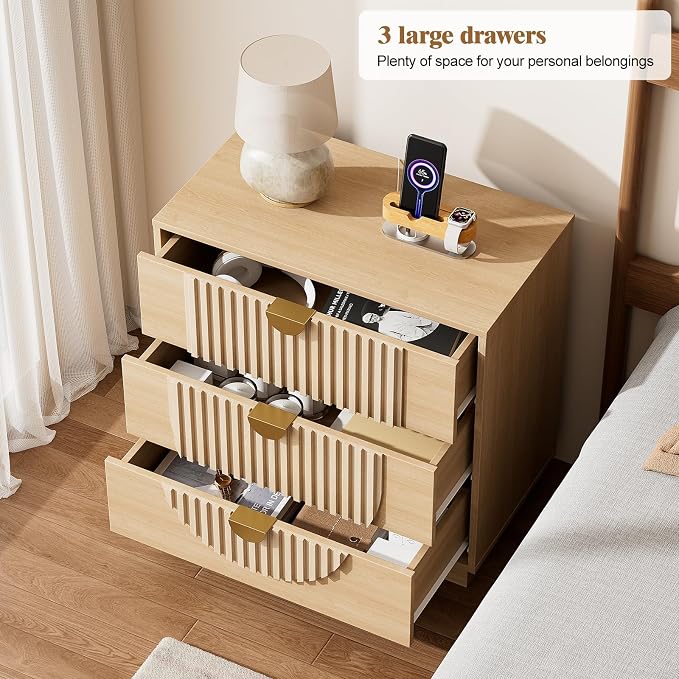 3 Drawer Nightstand with Charging Station,28" Fluted Night Stand & Modern Bedside Table, Wood End Table Storage Cabinet for Bedroom Hallway, Entryway,Caramel Brown Set of 2 - Image 4
