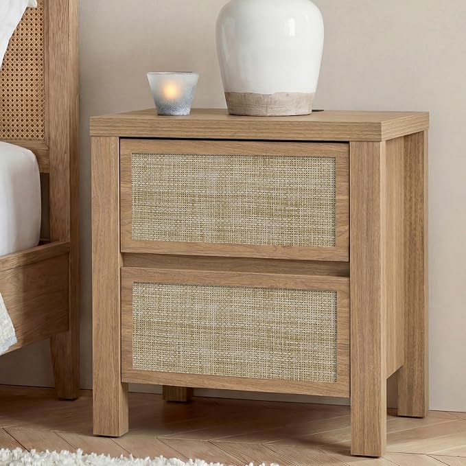Yechen Nightstands Set of 2, Rattan Night Stand with Charging Station, Wooden Bedside Tables, Boho Rattan End Tables, Bed Side Tables, for Bedroom Living Room, Natural Walnut - Image 6