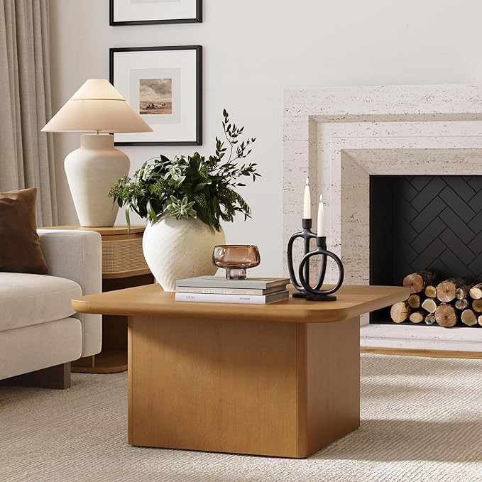 Nathan James Rein Organic Modern Coffee Table, Rustic Wood Square Coffee Table with Rounded Edge, Pedestal Coffee Table for Living Room, Light Brown