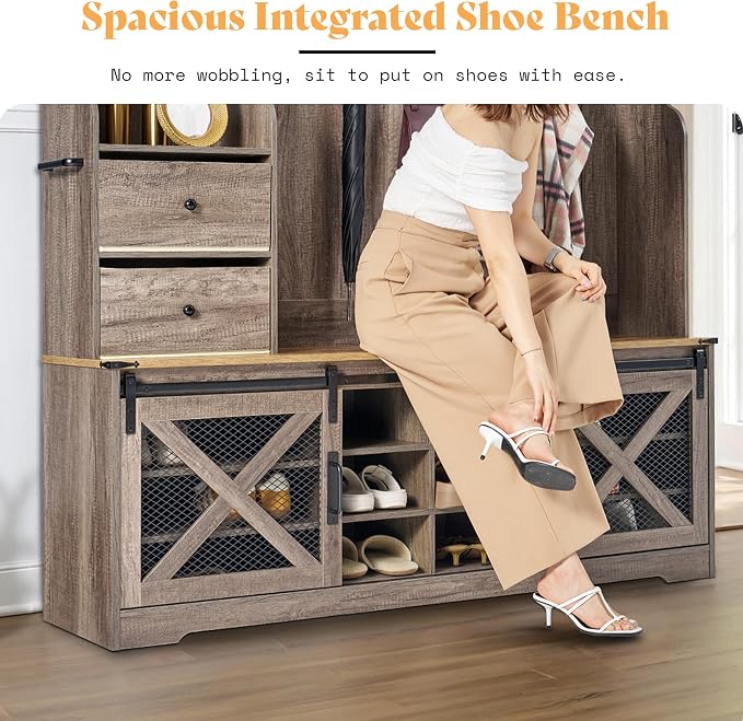 AMERLIFE 7-in-1 Farmhouse Hall Tree with Bench and Shoe Cabinet, LED Entryway Bench with 2 Drawers,12 Shoe Cubbies & Barn Doors, 7 Coat Racks & Adjustable Shelf, Rustic Gray - Image 6