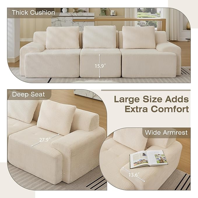 Modular Sectional Sofa, 6 Seat Modular Couch, Modular Sofa with Deep Seat and Detachable Pillow (White, Rowshape 2 Side)