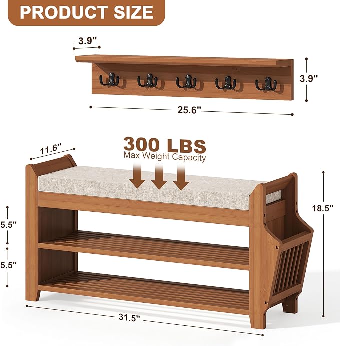 PETKABOO 31.5" Shoe Bench with Coat Rack Hidden Drawer and Side Holder, 2 Tier Entryway Bench with Storage 39.4 in, Bamboo Shoe Rack with Cushion for Entryway Hallway Living Room Bedroom - Image 2