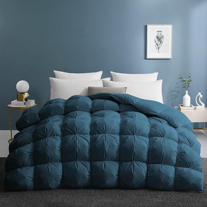 UNIKOME Goose Feather Down Comforter with Pinch Pleat Design - 20% Extra Fill, 116oz, All Season Duvet Insert with Cotton Cover, Cloud-Like Fluffiness Down Fiber Comforters (Navy, Cal King, 108"X94")