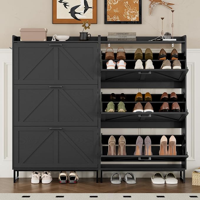 BORNOON Shoe Cabinet with 3 Flip Drawers Narrow Shoe Storage Cabinet Organizer Wooden Freestanding Shoe Rack Hidden Slim Shoes Storage Cabinet for Entryway, Hallway, Living Room, Bedroom - Image 5