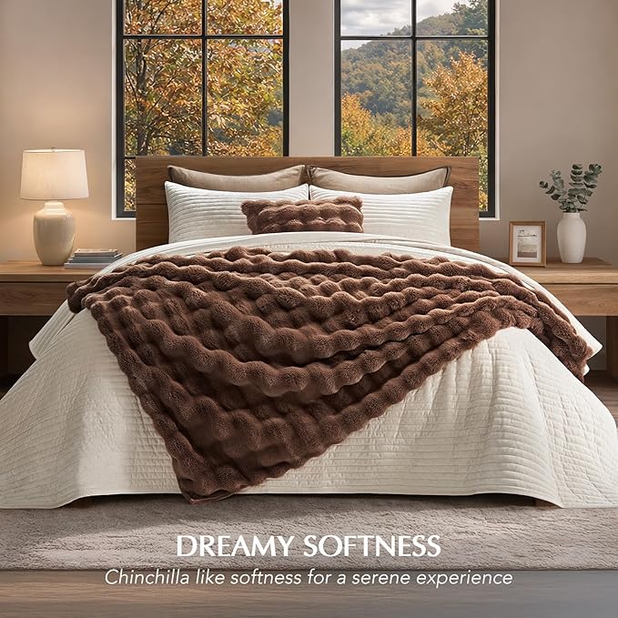 EverGrace Ultra Soft Luxury Fluffy Faux Rabbit Fur Throw Blanket, Thick Warm Bubble Throw for Bed, Cozy Plush Reversible Blankets for Couch, Chair, Sofa, Chestnut, 60x80 Inches
