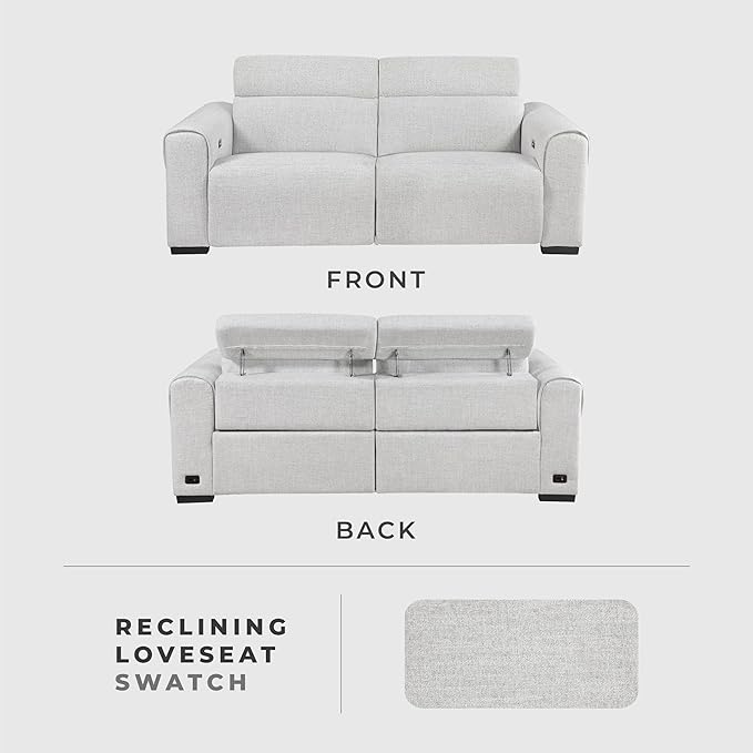 Lexicon Power Reclining Sectional Couches for Living Room-Modular Sectional Sofa, Wall Hugger, 2 Recliner Seats, Power Headrests, Charging Ports, 2 Seater Couch, Chenille Cloud