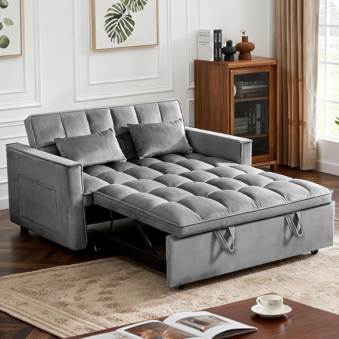 3 in 1 Sofa Bed, Love Seat Sleeper Bed with Side Pockets, Velvet Fabric Pull Out Couch with Adjustable Backrest for Living Room, Bedroom, Gray Apartment, Gray
