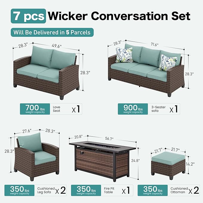 Patio Furniture Set Outdoor Furniture Brown Wicker Rattan Patio Conversation Sets with Cushion Outside Sofa Set,6 Pieces with Rectangular Firepit Table,9 Seats,Blue