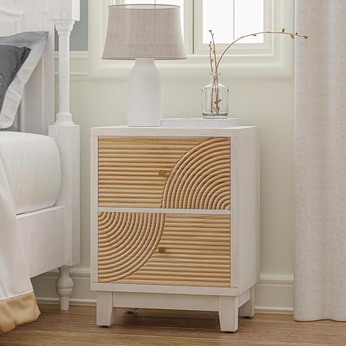 COZAYH 2-Drawer Farmhouse Nightstand X 2P, Mid Century Nightstand Fully Assembled with Handcrafted Wood Ring Pattern for Boho, Mid-Century, Rustic Style, White - Image 6