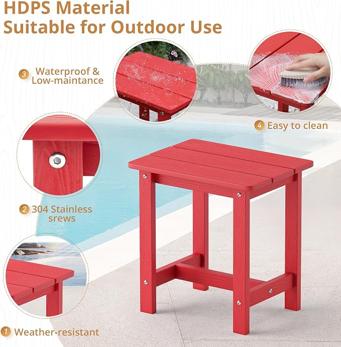 LUE BONA Outdoor Side Table, HDPS Small Outdoor Adirondack Side Tables, Outside End Table for Patio, Porch, Deck, Pool, Weather Resistant/Easy Maintenance,Bright Red - Image 6