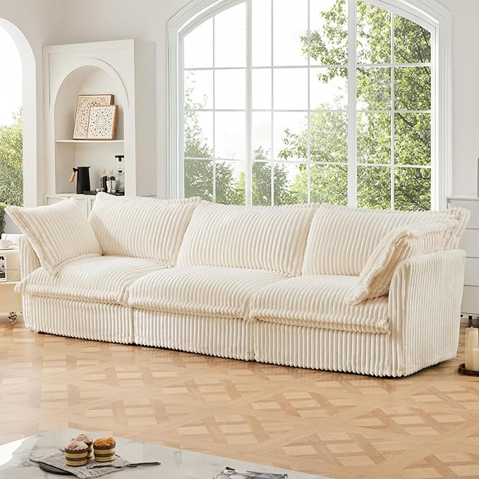 KEIKI 120" Corduroy Sectional Sofa with Big Pillows, White 3 Seat Sleeper Cloud Couch Set, Comfy Upholstered Modular SofaBed for Apartment Living Room, Cream