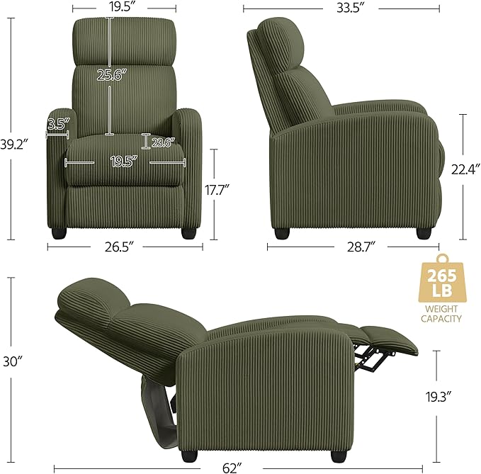 Topeakmart Corduroy Recliner Sofa Mid-Century Recliner Chair Single Reclining Chair Upholstered Sofa for Living Room Bedroom Home Theater Dark Green