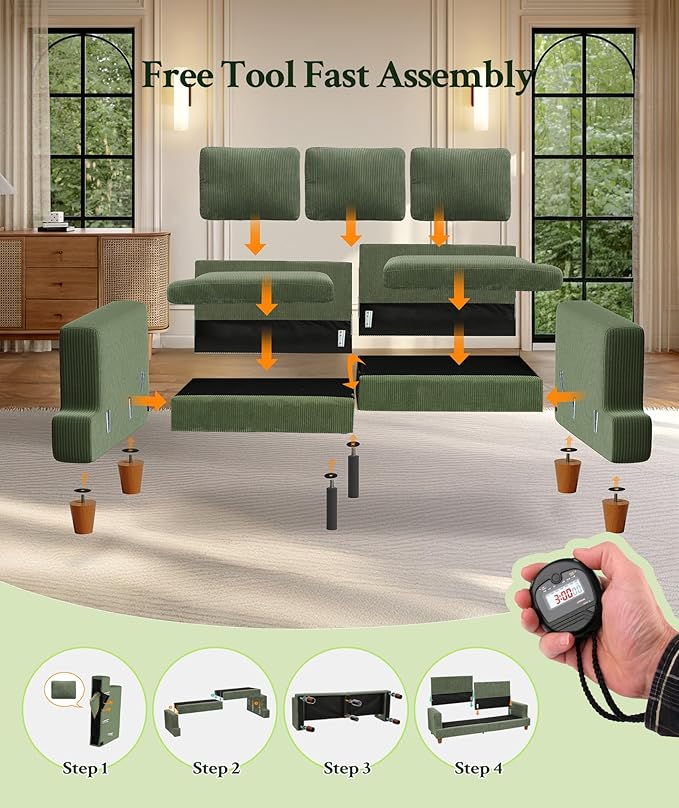 87.2" Couches for Living Room, Comfy Green Couch 7.5" Extra Thick Cushion, Sofas for Living Room Tool-Free Setup, Loveseat Sofa 848lbs Support, Corduroy Couch for Bedroom, Apartment, Office