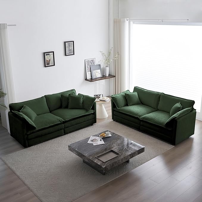 ERYE 2 PCS Oversized Living Room Sofa Sets Include Two Spacious Loveseats for 4-6 Persons, Modern Deep Seat Modular Cushions Sofa&Couch w/8 Pillows for Home,Apartment,Office, 76.7", Dark Green/2PCS