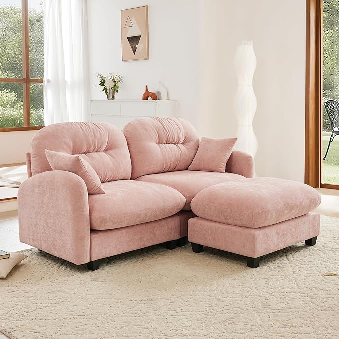 KEIKI 74" L-Shaped Oversized Chenille Modular Sectional Loveseat Sofa with 1 Ottoman, High-Density Foam Cushions, Tufted Pleated Cushion Backrest, 2-Seater Couch with 2 Pillow, for Living Room, Pink