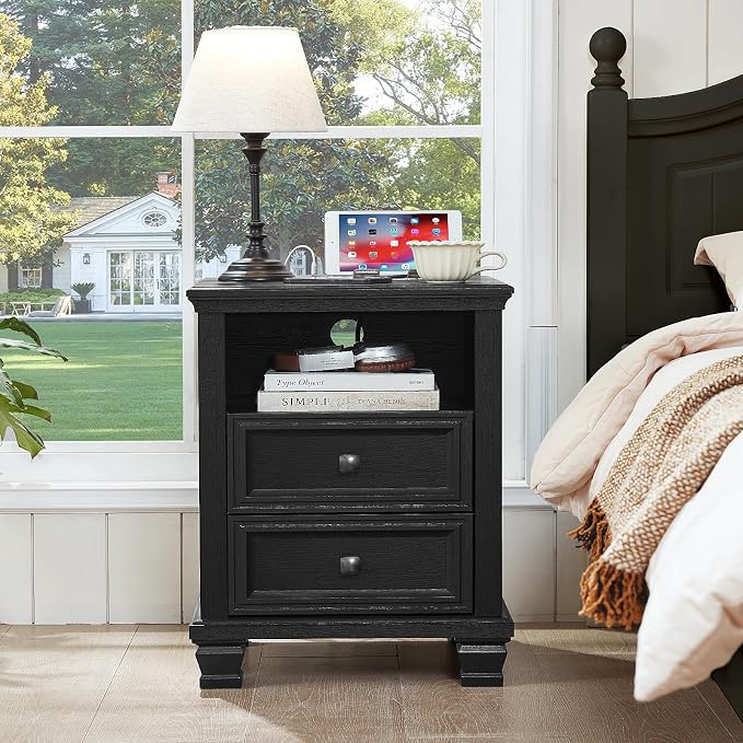 SAVOR LIFE Farmhouse Nightstand Set of 2 with Charging Station, Rustic Black Nightstand with Drawers, Bedside Table with Open Shelf for Bedroom, Black - Image 9