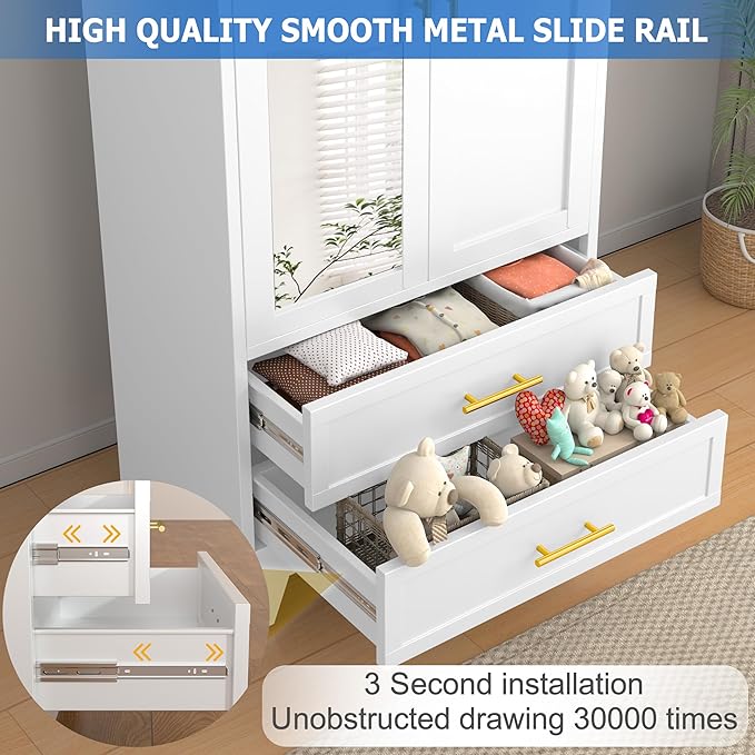 GAIOUS Steel Armoire Wardrobe Closet with Mirror, 71" Metal Clothes Storage Cabinets with 2 Doors, 1 Adjustable Shelf, 2 Drawers, Metal Wardrobe Cabinet with Hanging Rod for Bedroom, Gym, Cloak(White)