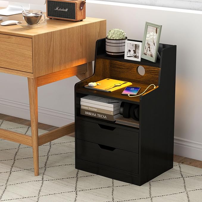 KOMFOTT Nightstand with Charging Station & LED Lights, Smart Night Stand with Hutch & Remote, Modern Side End Table with 2 Storage Drawers for Bedroom Dorm (Black,1) - Image 8