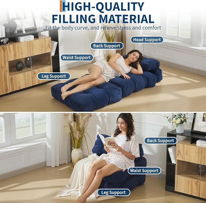 Folding Sofa Bed, Convertible Sleeper Chair with Pillow Foldable Matress with Back Support, Portable Fold Out Chair Bed Comfy Floor Sofa Lounge for Living Room Bedroom, Navy Blue, Single