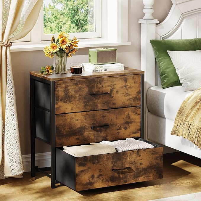 Memobarco Nightstand, End Table, Bedside Table, Small Tall Dresser for Bedroom with 3 Storage Drawer, Chest of Drawers Fabric Dressers with Steel Frame, Wooden Top & Front for Living Room by MEMOBARCO