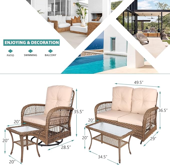 MEETWARM 5 Pieces Outdoor Patio Rattan Furniture Sets, All Weather Patio Wicker Conversation Set - 2 Rocking Swivel Chairs 1 Rattan Loveseat Glider with Cushions, 2 Glass-Top Coffee Table, Beige