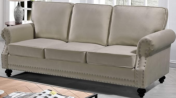 Lotus Mid Century Modern Velvet Upholstered Living Room Rolled Arms, Sofa, Ivory