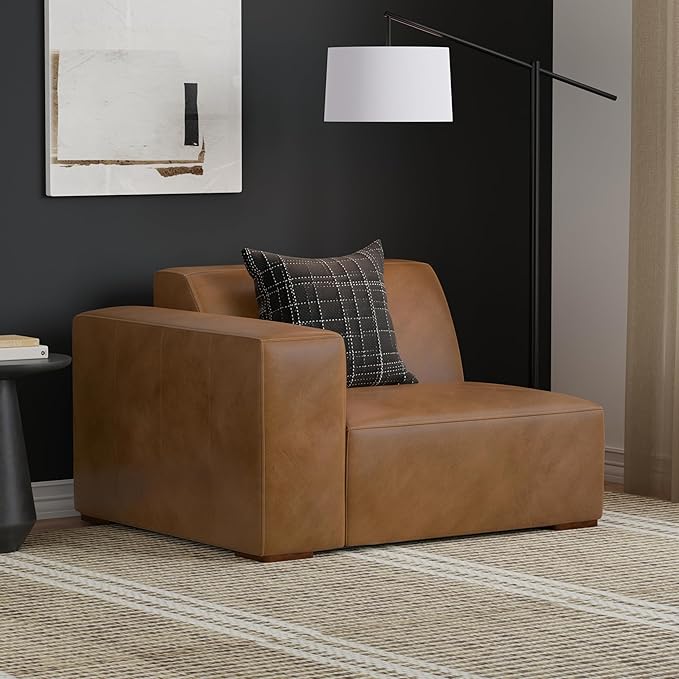 SIMPLIHOME Rex Left-Arm Sofa Module in Full-Grain Genuine Leather, Caramel Brown, 44-inches Wide, Handcrafted Modern-Style Left-Arm Accent Chair for Living Room and Family Room
