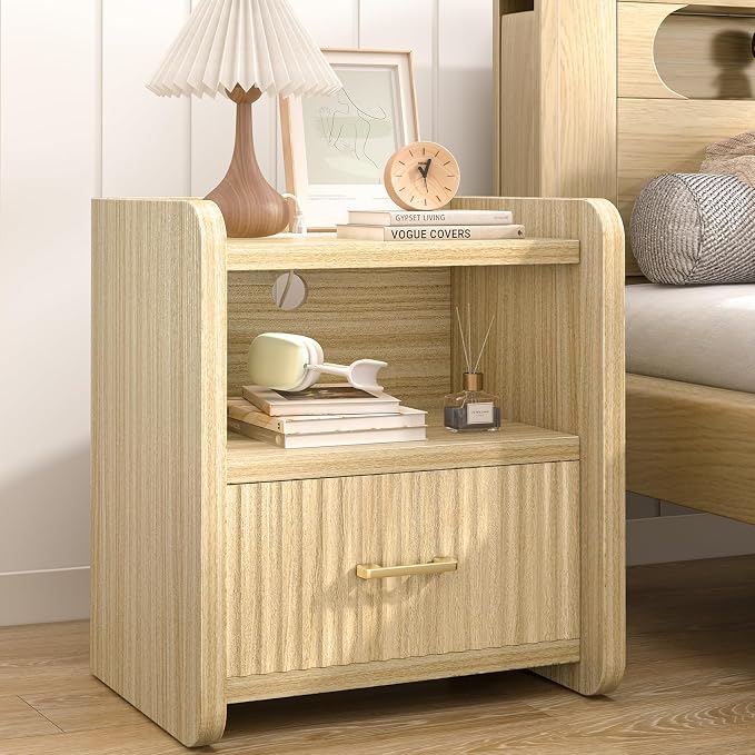 Night Stand with Charger Station, Fluted Nightstands Set of 2 with Drawer, Modern Bedside Table Set of 2, Wide Nightstands for Bedroom, Mid Century Wooden Night Stands for Home Sofa Couch - Image 4