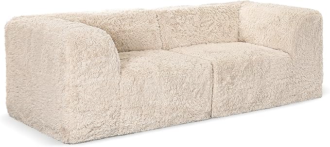 Furniture of America Havyn Modern Faux Fur 2-Seater Modular Foam Loveseat with Curved Arms & Deep Seat, Compressed Couch in a Box, No Assembly Required, for Living Room and Office, Sand