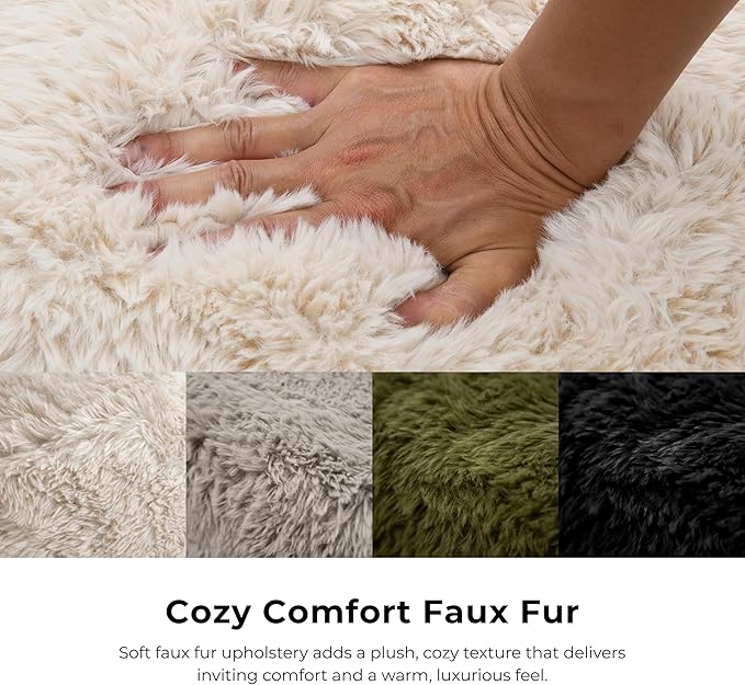 Furniture of America Havyn Modern Faux Fur 6-Seater Modular Foam Sofa Bed with Ottoman, Compressed Couch in a Box, No Assembly Required, for Living Room and Office, Sand