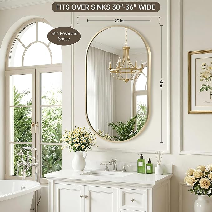 Gold Oval Mirror, 22x30 Inch Oval Bathroom Mirror, Gold Mirror for Wall Decor, Vanity, Entryway, Living Room, Horizontally/Vertically - Image 7